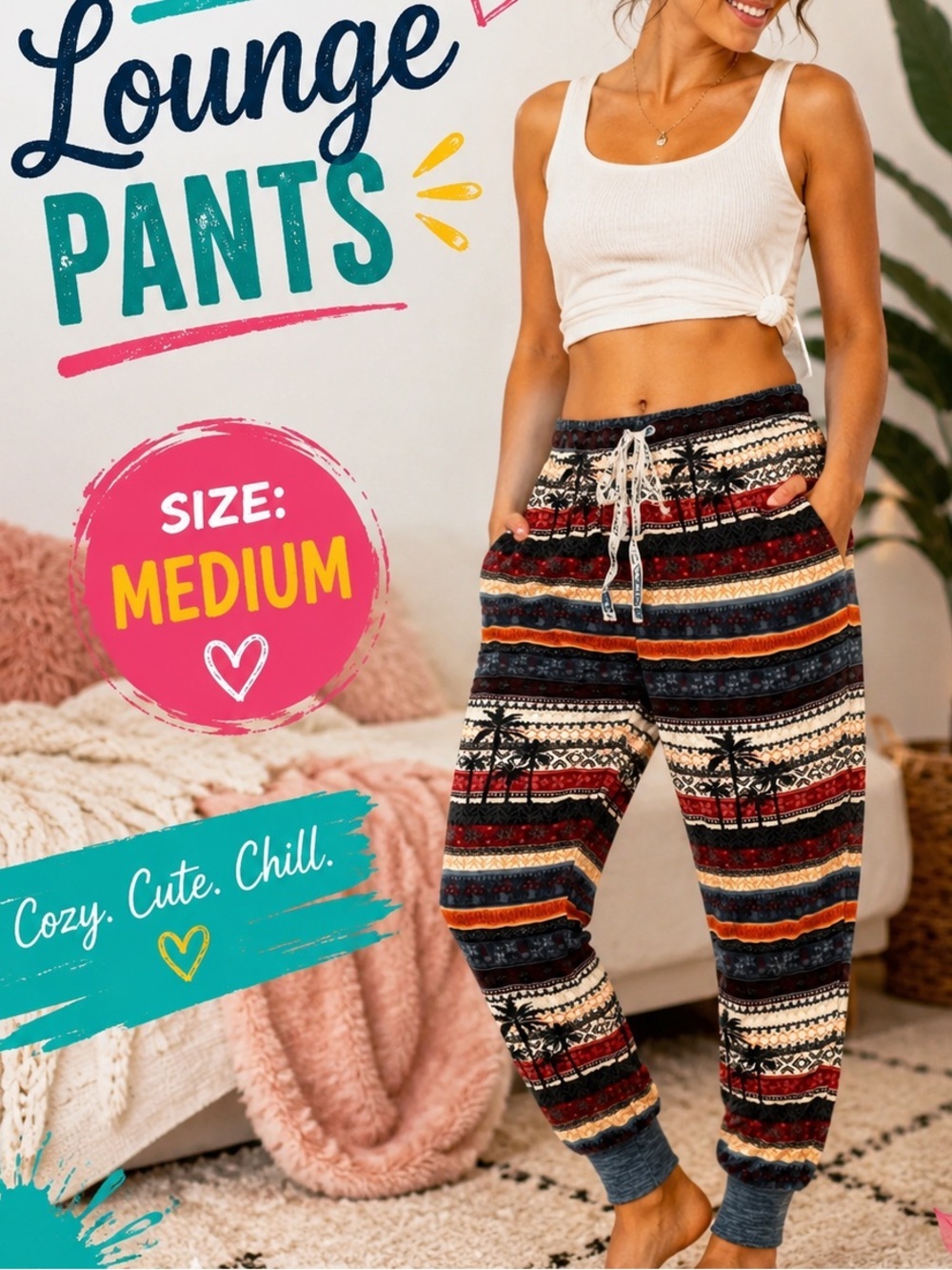 Ju-Ju-Be Striped Palm Tree Jogger Pants in Red, Orange, Blue, Cream MEDIUM